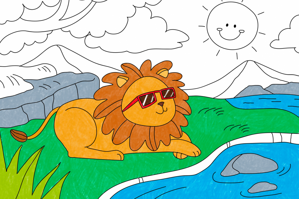Lion suntanning, colorful animal illustration for kids