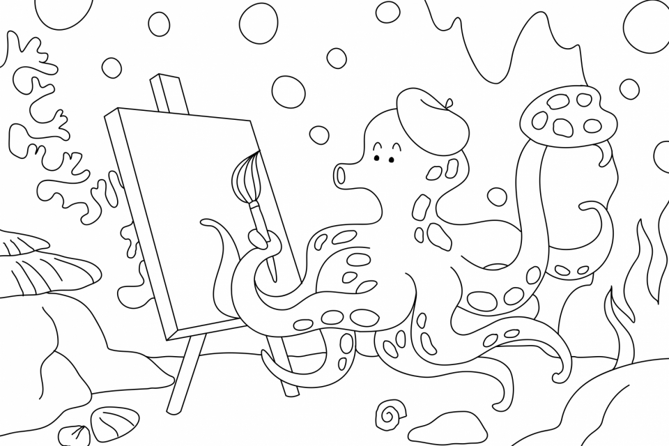 Octopus kids coloring page psd, blank printable design for children to fill in