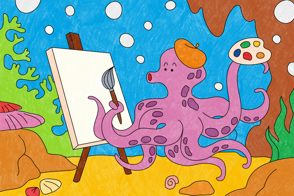Octopus artist illustration psd, editable kids coloring page