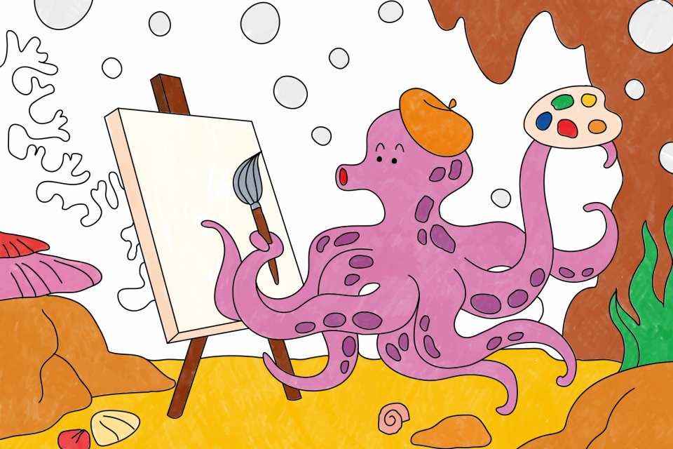 Octopus artist illustration, editable kids coloring page vector