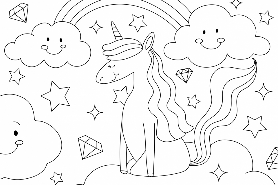 Unicorn kids coloring page, blank printable design for children to color