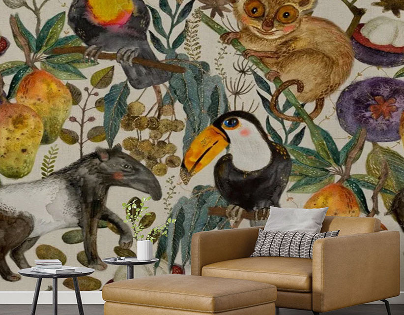 Smart-Art-Seamless-wallpaper-botanical-leaves-anitmal-protea-birds-tiger-leaves-1