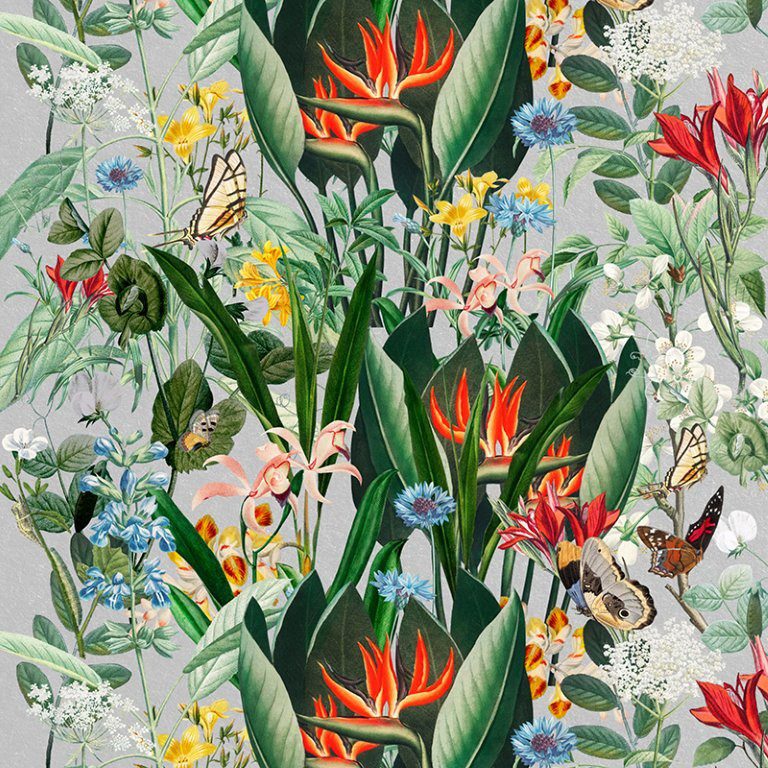 tropical mural wallpaper, botanical wallpaper South Africa, butterfly and flower wall art, birds-of-paradise mural, lush green mural design, vibrant floral wallpaper, custom wallpaper Cape Town, Smart Art botanical collection