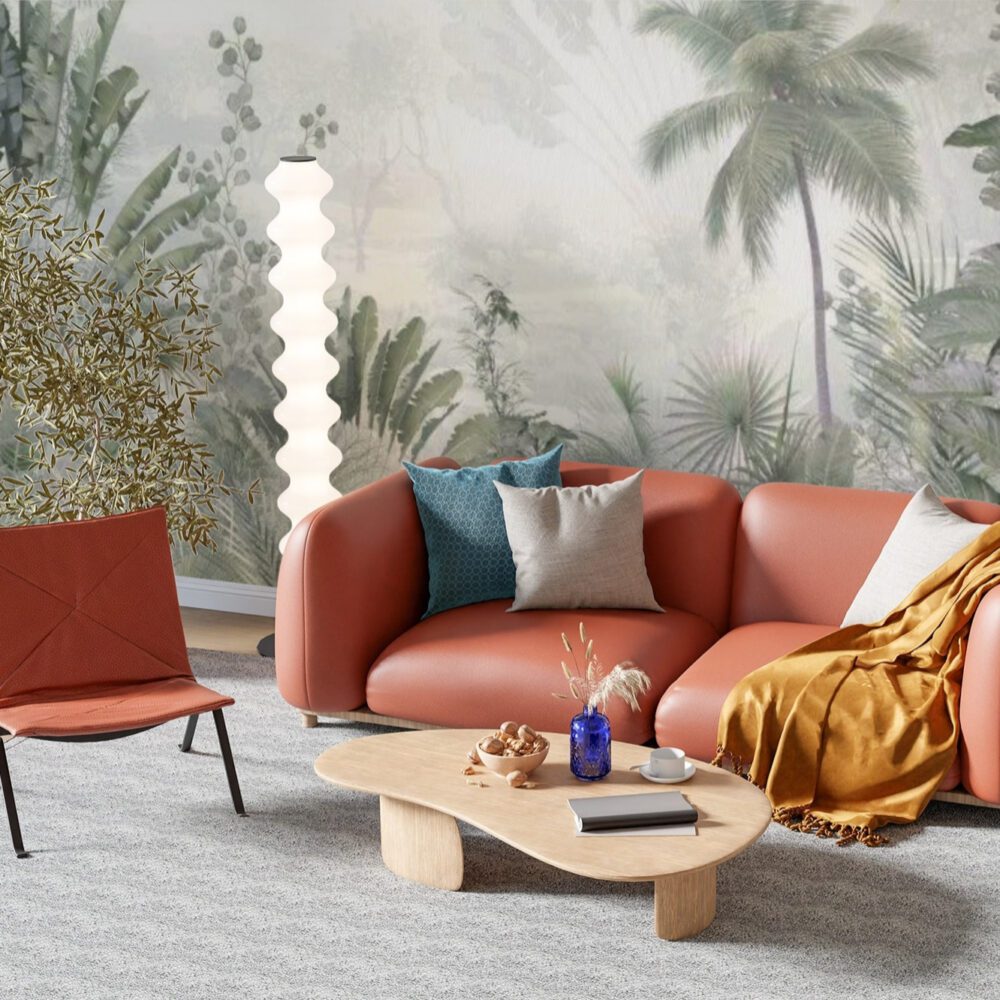 Bathed in soft light, the Morning Palm Wallpaper captures the first glow of day across a lush tropical landscape. Gentle foliage in muted greens and golden undertones creates a layered, dreamy perspective that feels airy yet immersive. This wallpaper brings subtle movement and depth to any interior, perfect for living rooms, bedrooms, or spa-like bathrooms. It embodies the quiet luxury of tropical mornings. Tags: palm tree wallpaper, tropical morning design, neutral botanical mural, layered foliage wallpaper, green interior decor, smart art wallpaper, modern botanical wallpaper, serene tropical wall art